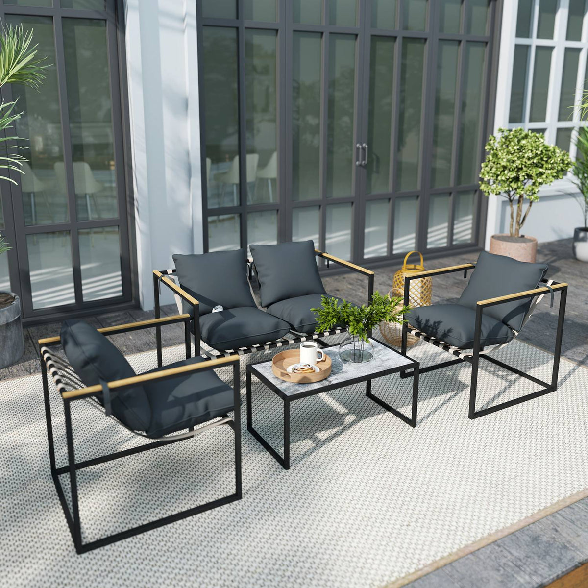 Steel garden furniture set for 4 people, weatherproof balcony furniture set with 2 sofas, 2 armchairs, seat cushions, side table, outdoor seating group, patio furniture, garden set for garden, terrace, balcony, gray