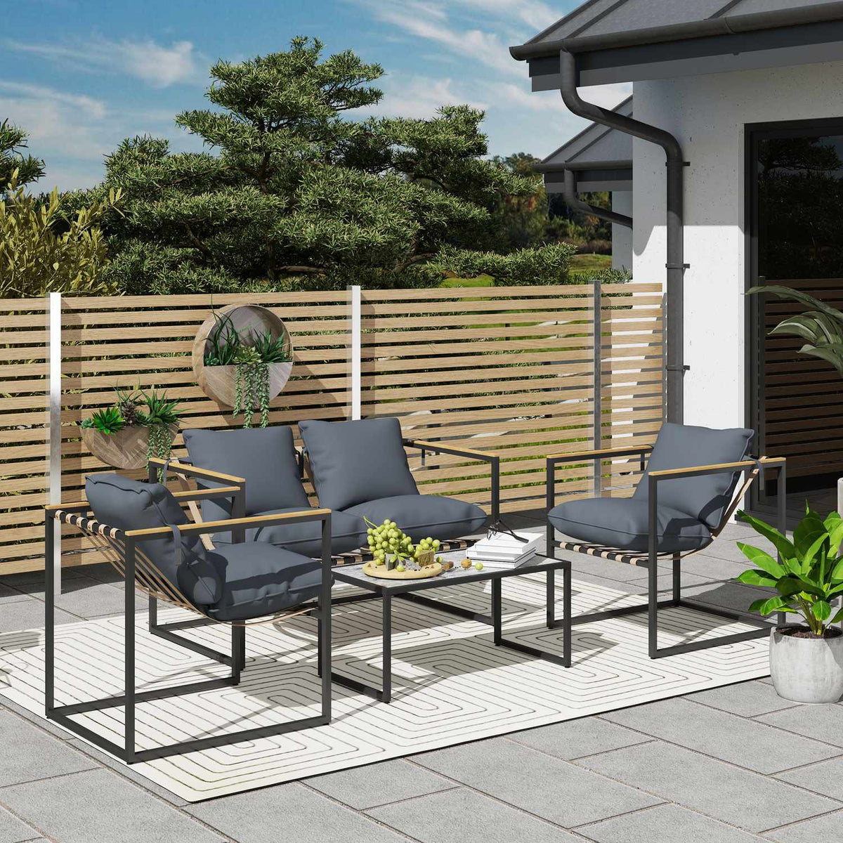 Steel garden furniture set for 4 people, weatherproof balcony furniture set with 2 sofas, 2 armchairs, seat cushions, side table, outdoor seating group, patio furniture, garden set for garden, terrace, balcony, gray