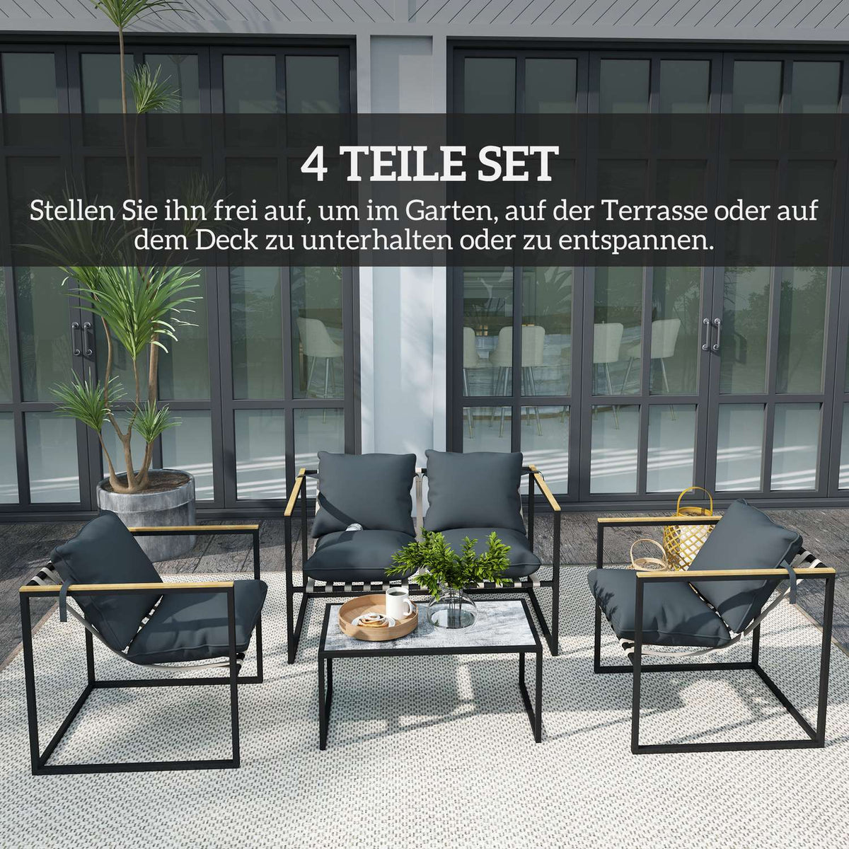 Steel garden furniture set for 4 people, weatherproof balcony furniture set with 2 sofas, 2 armchairs, seat cushions, side table, outdoor seating group, patio furniture, garden set for garden, terrace, balcony, gray