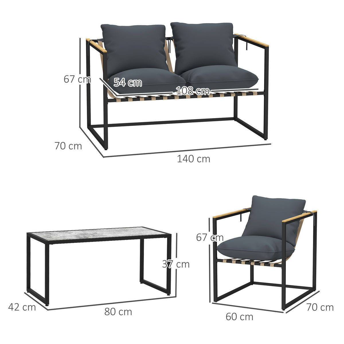 Steel garden furniture set for 4 people, weatherproof balcony furniture set with 2 sofas, 2 armchairs, seat cushions, side table, outdoor seating group, patio furniture, garden set for garden, terrace, balcony, gray