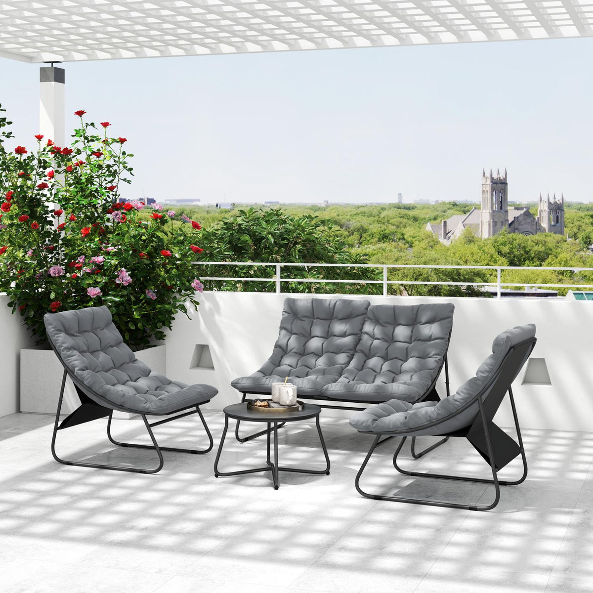 Steel garden furniture set for 4 people, weatherproof balcony furniture set with 2 sofas, armchairs, side table, seat cushion, outdoor seating group, patio furniture, garden set for garden, terrace, balcony, gray