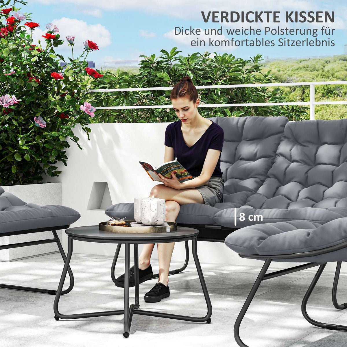 Steel garden furniture set for 4 people, weatherproof balcony furniture set with 2 sofas, armchairs, side table, seat cushion, outdoor seating group, patio furniture, garden set for garden, terrace, balcony, gray