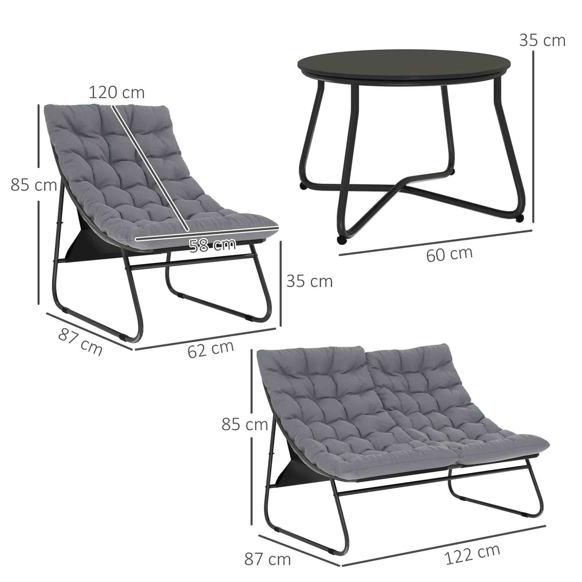 Steel garden furniture set for 4 people, weatherproof balcony furniture set with 2 sofas, armchairs, side table, seat cushion, outdoor seating group, patio furniture, garden set for garden, terrace, balcony, gray