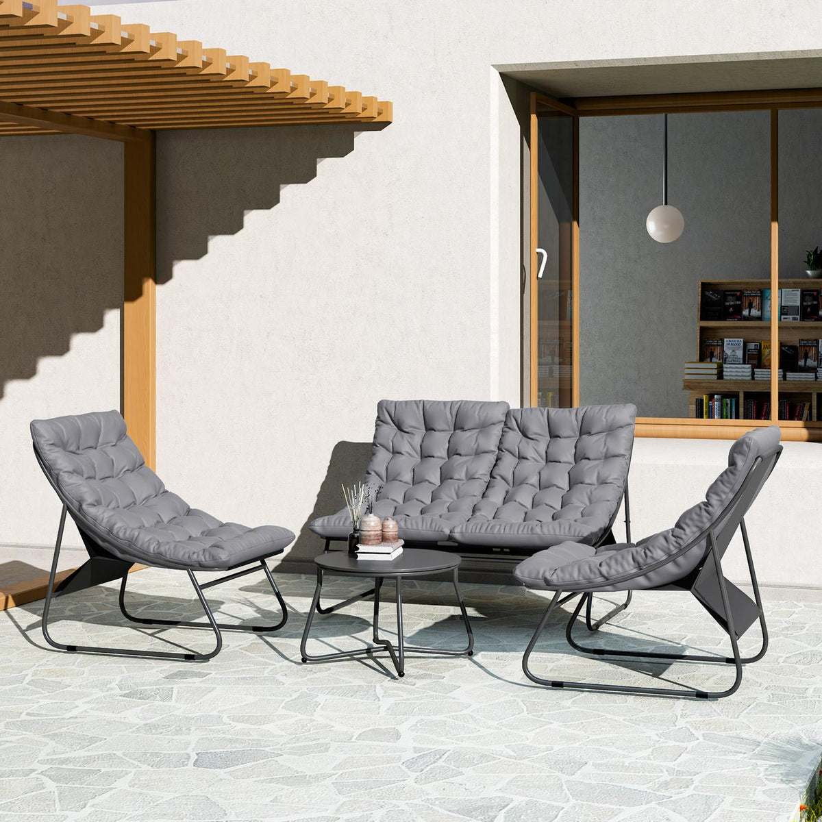 Steel garden furniture set for 4 people, weatherproof balcony furniture set with 2 sofas, armchairs, side table, seat cushion, outdoor seating group, patio furniture, garden set for garden, terrace, balcony, gray