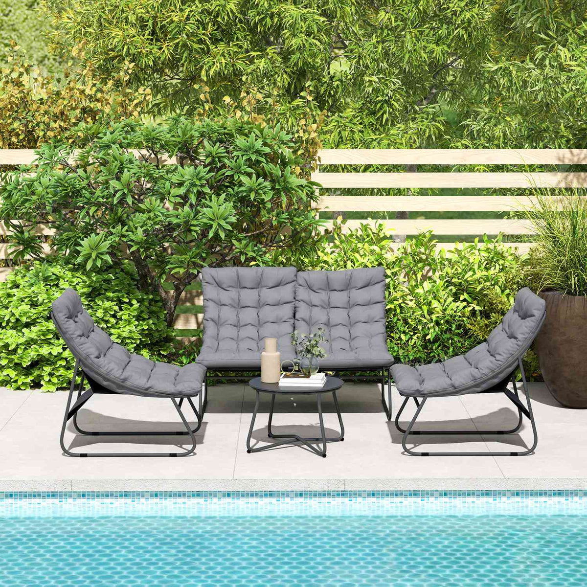 Steel garden furniture set for 4 people, weatherproof balcony furniture set with 2 sofas, armchairs, side table, seat cushion, outdoor seating group, patio furniture, garden set for garden, terrace, balcony, gray