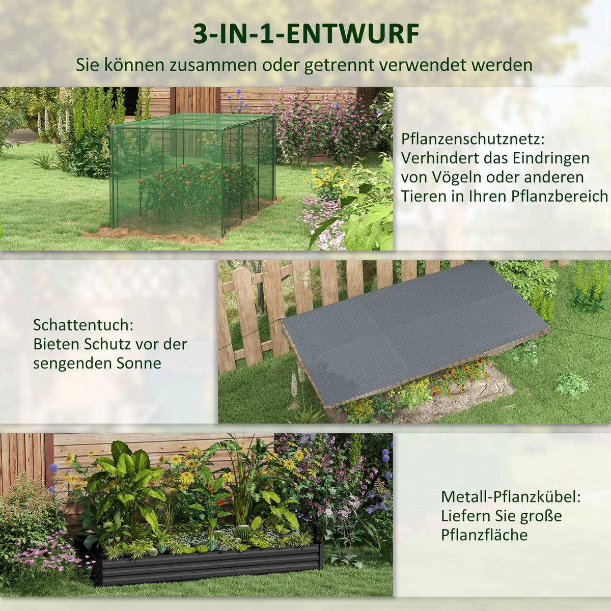 Steel raised bed with bird protection net, dark gray garden bed for balcony & terrace, 230x110x110cm, ideal sun protection