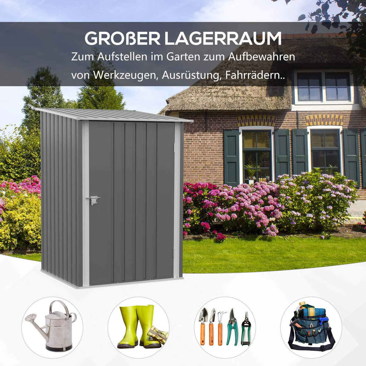 Steel tool shed 0.92 m² lockable garden cabinet with pent roof, 100x103x160cm, gray