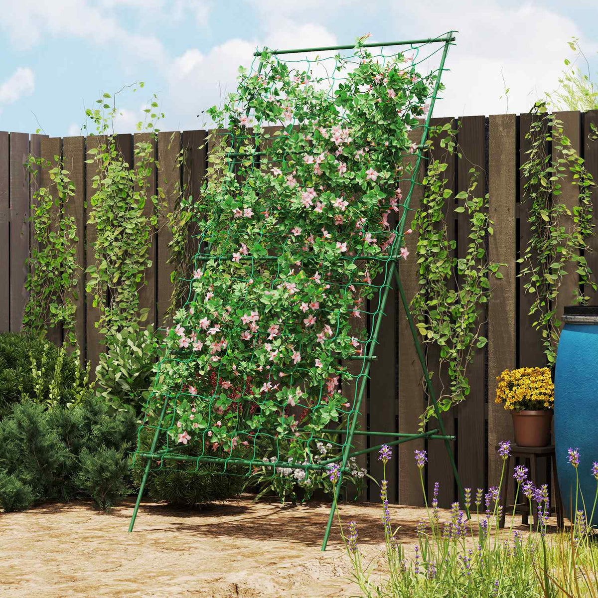 Steel trellis for plugging in, rust-proof trellis in A-shape for climbing plants, trellis, 101 x 133 x 227 cm, garden trellis, plant trellis for vegetables, flowers, climbing plants, green