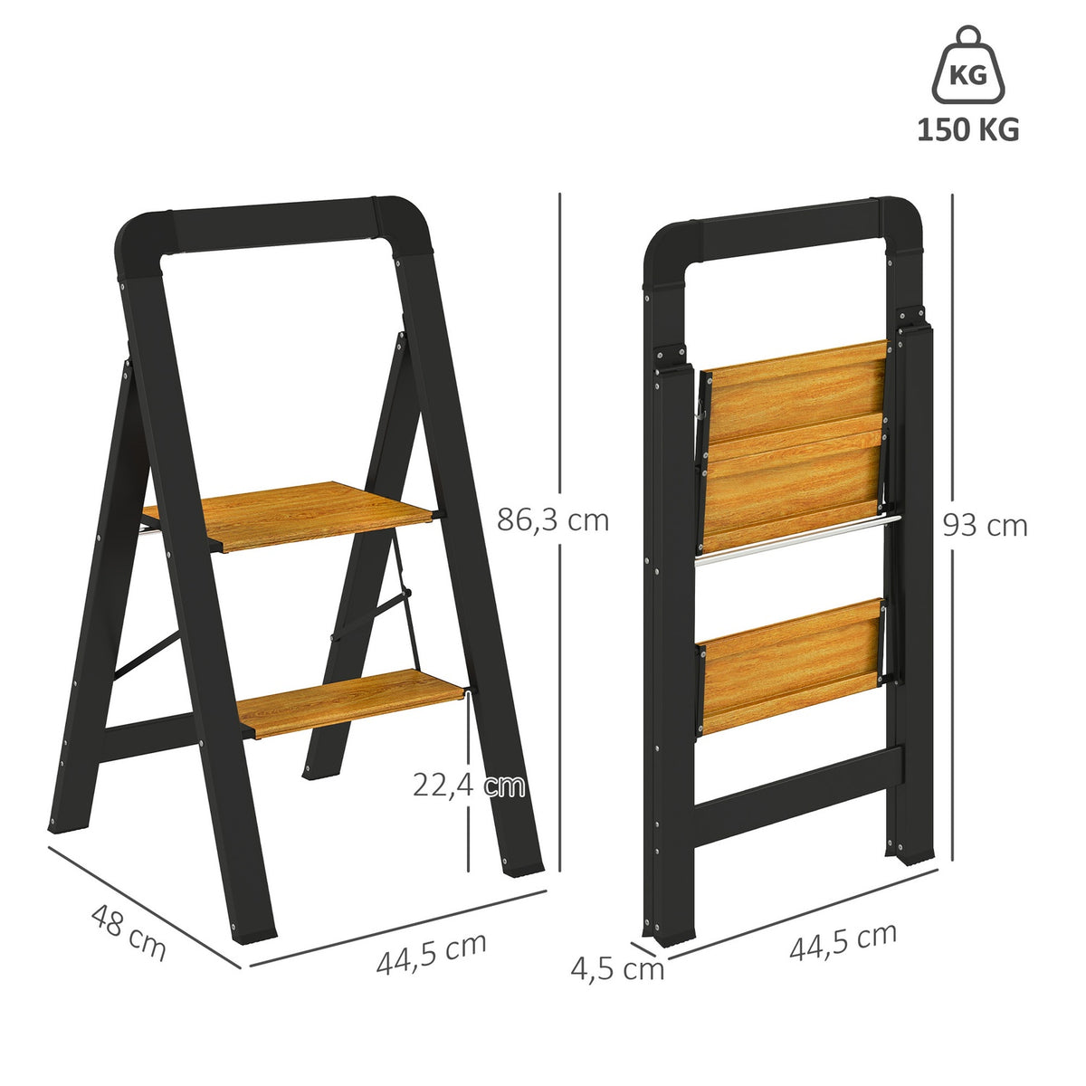 Step ladder folding step with 2 steps stepladder with handle, non-slip platform up to 150 kg load capacity aluminum black 44.5 x 48 x 86.3 cm |