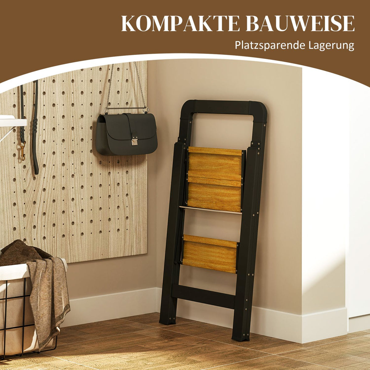 Step ladder folding step with 2 steps stepladder with handle, non-slip platform up to 150 kg load capacity aluminum black 44.5 x 48 x 86.3 cm |