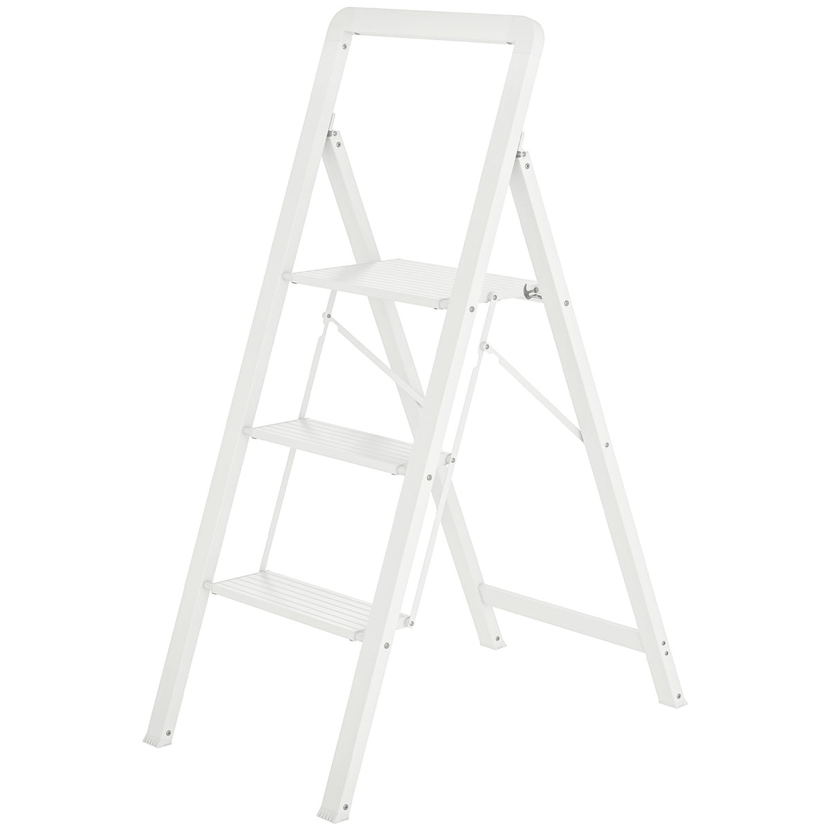 Step ladder with 3 steps, anti-slip folding step with handle, loads up to 150 kg, lightweight aluminum ladder, 66.3 x 41.5 x 104.6 cm, white