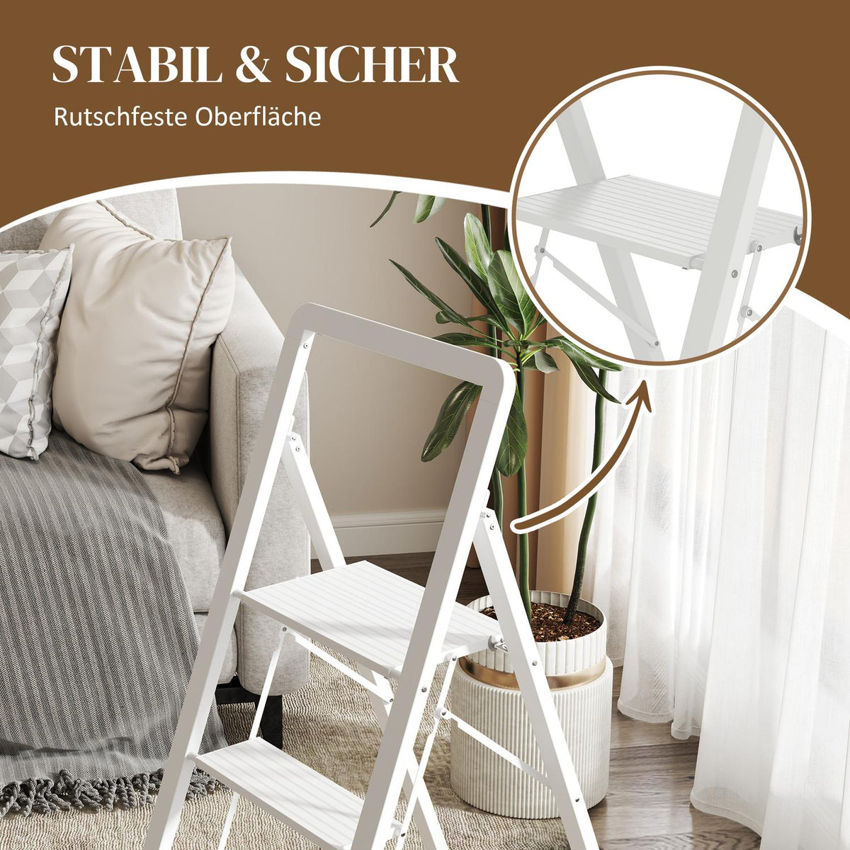 Step ladder with 3 steps, anti-slip folding step with handle, loads up to 150 kg, lightweight aluminum ladder, 66.3 x 41.5 x 104.6 cm, white