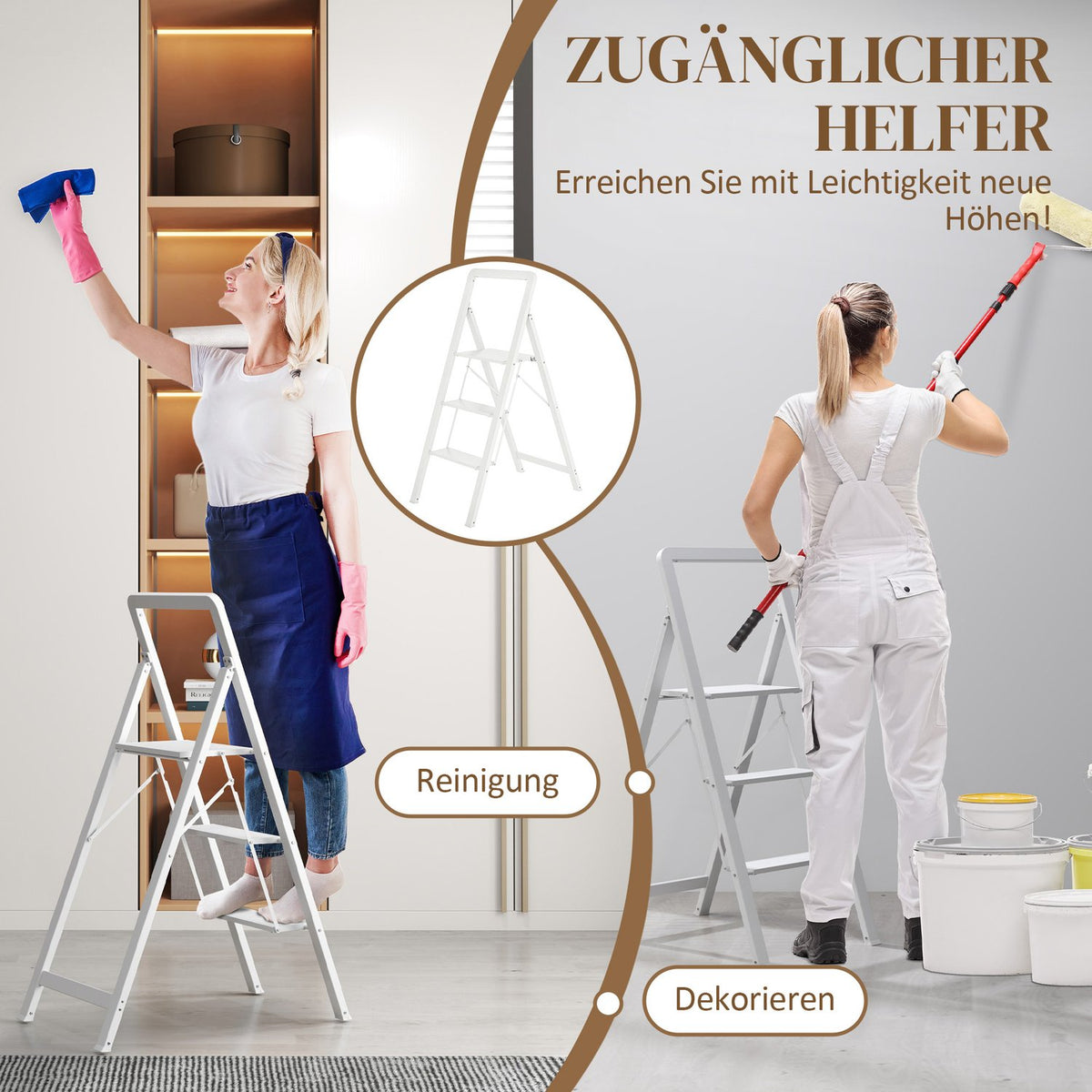 Step ladder with 3 steps, anti-slip folding step with handle, loads up to 150 kg, lightweight aluminum ladder, 66.3 x 41.5 x 104.6 cm, white