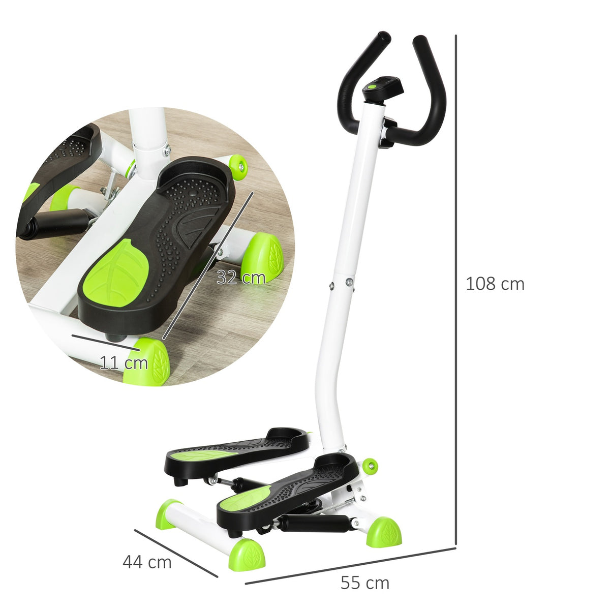 Stepper Fitness Swing Stepper with LCD screen and handle Home trainer for home up to 100 kg Steel ABS Green 55 x 44 x 108 cm