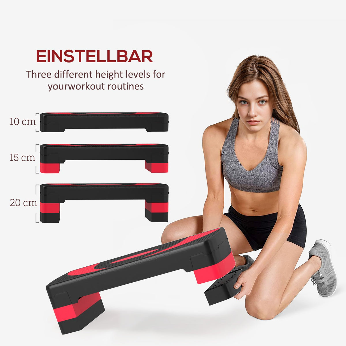Stepping board aerobic stepper height adjustable with 3 levels (10/15/20 cm) fitness exercise bike for indoor outdoor load capacity up to 150 kg red