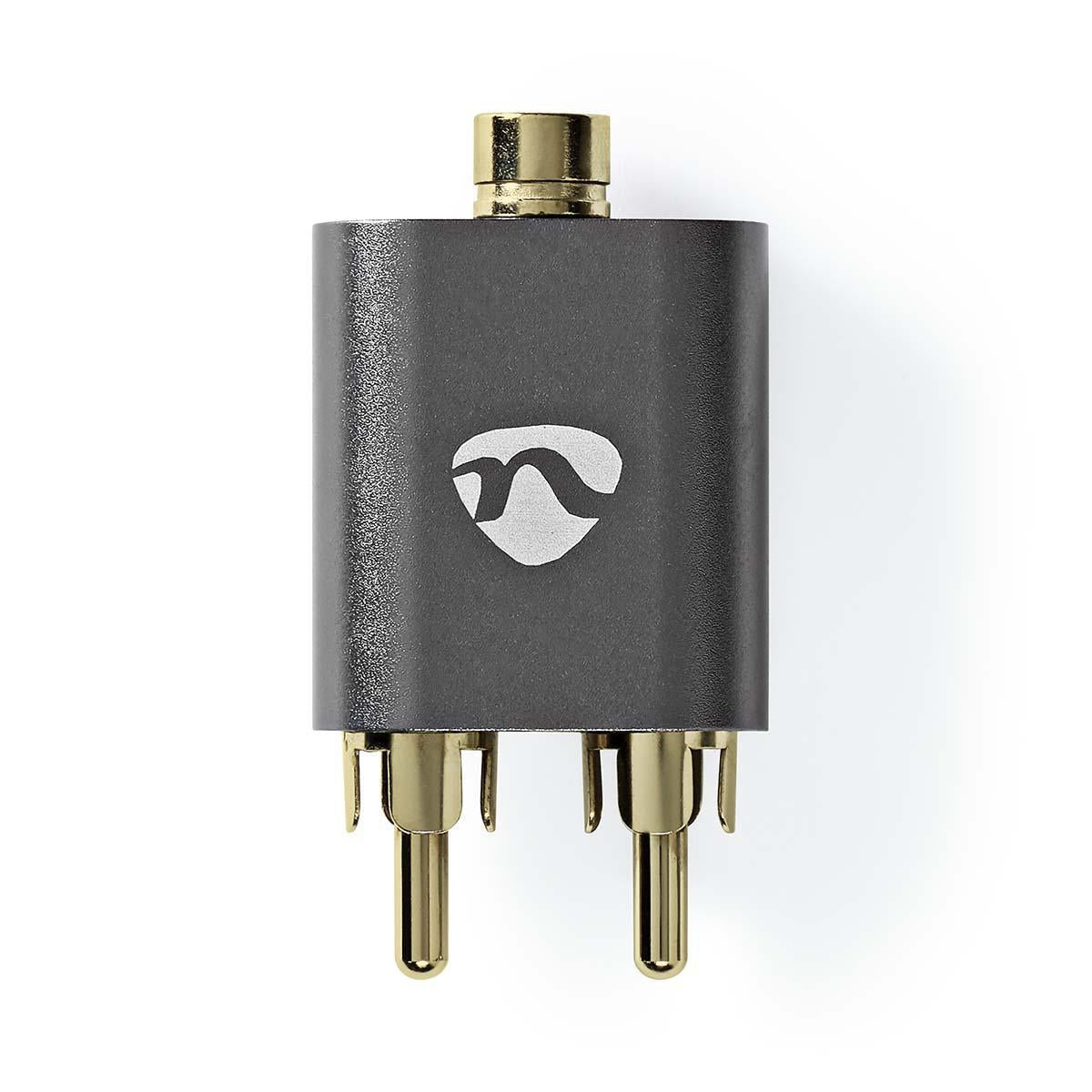 Stereo Audio Adapter | 2x RCA Male | 3.5 mm Female | Gold Plated | Straight | Aluminum | Gray With Metal | 1 pc. | Carton with covered window
