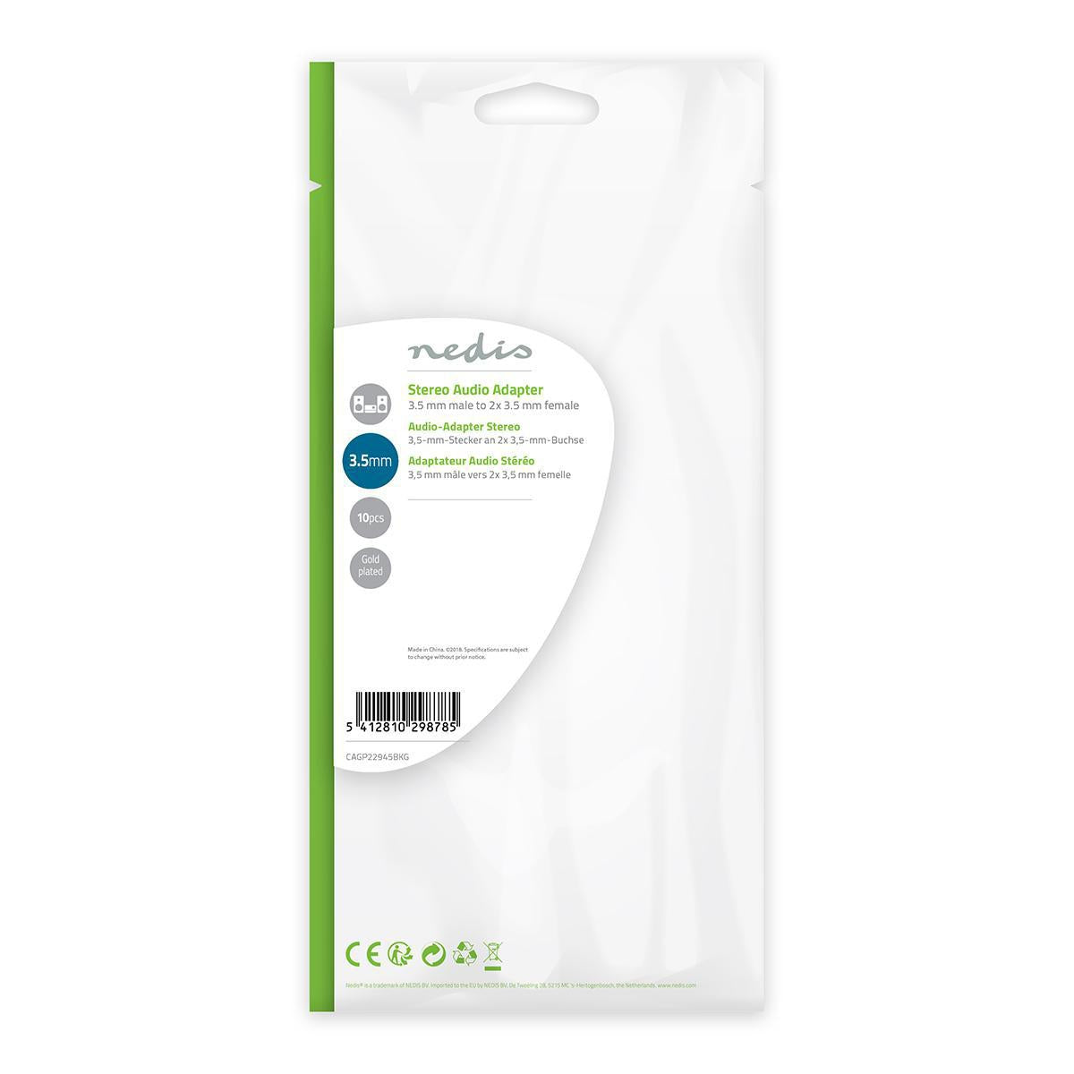 Stereo Audio Adapter | 3.5 mm Male | 2x 3.5 mm, Female | Gold Plated | Straight | ABS | Black | 10 pieces. | Plastic bag