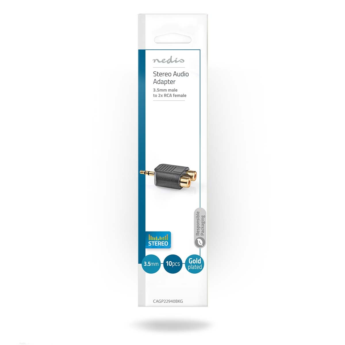 Stereo Audio Adapter | 3.5 mm Male | 2x RCA Female | Gold Plated | Straight | ABS | Black | 10 pieces. | Plastic bag