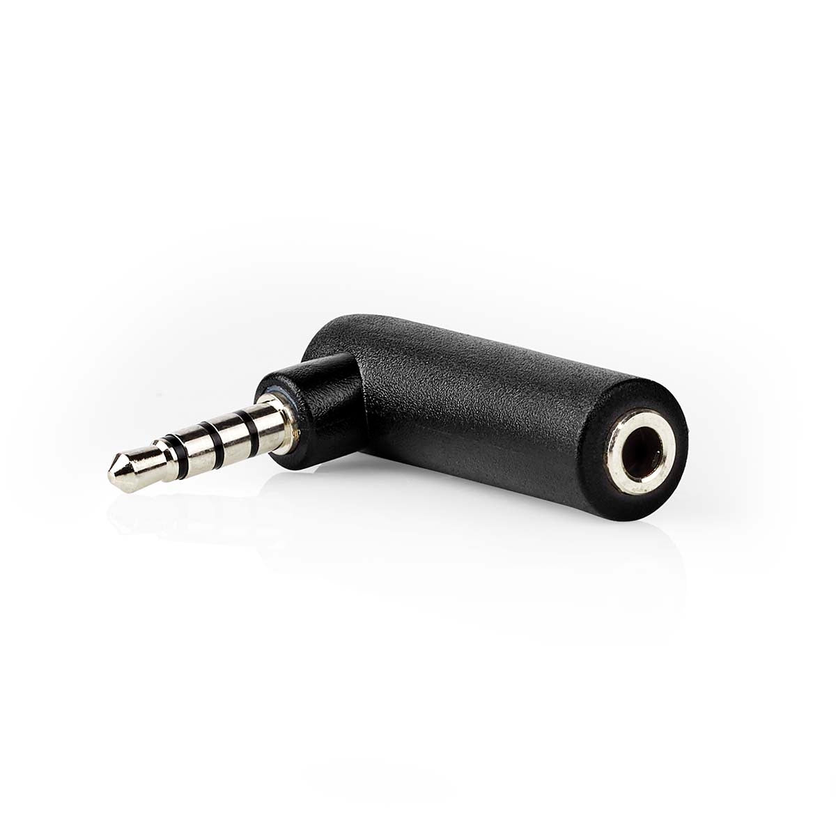 Stereo Audio Adapter | 3.5 mm Male | 3.5 mm Female | Nickel Plated | Angled 90° | Metal | Black | 1 pc. | Box
