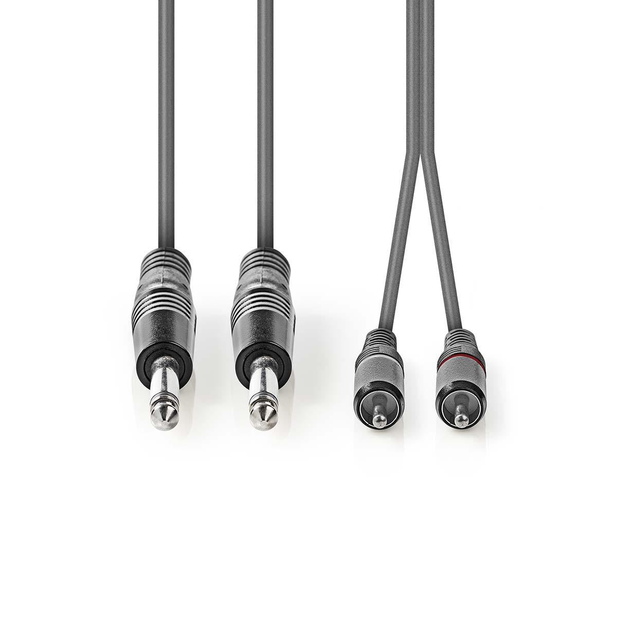 Stereo Audio Cable | 2x 6.35 mm Male | 2x RCA Male | Nickel plated | 3.00 m | Round | Dark gray | Cardboard sleeve
