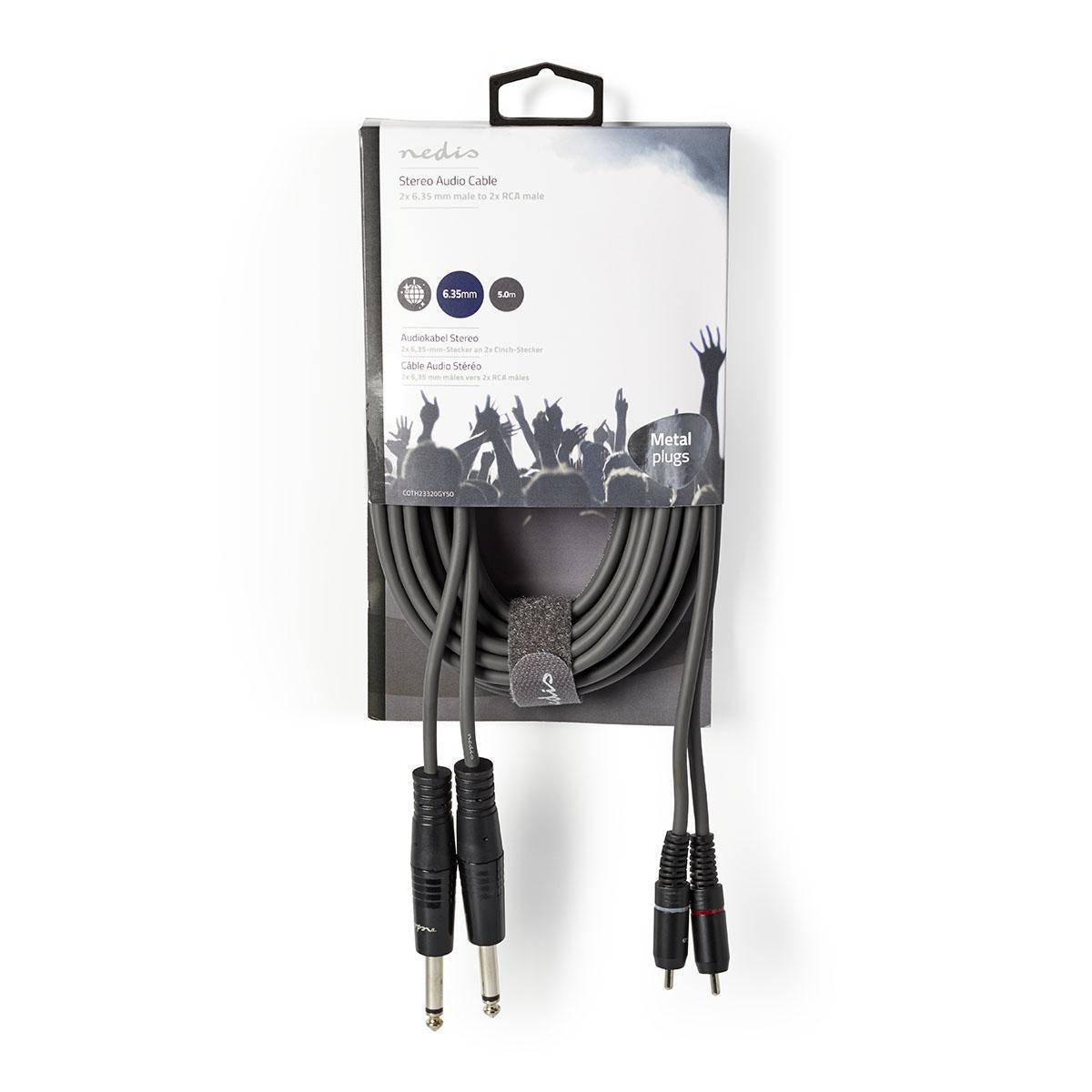 Stereo Audio Cable | 2x 6.35 mm Male | 2x RCA Male | Nickel plated | 5.00 m | Round | Dark gray | Cardboard sleeve
