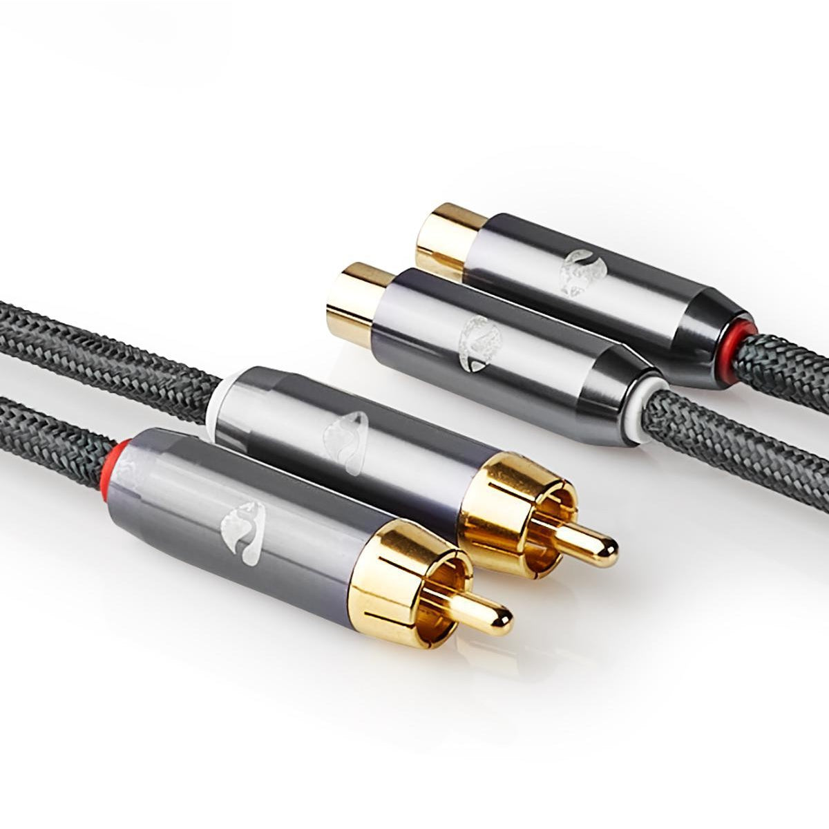 Stereo Audio Cable | 2x RCA Male | 2x RCA Female | Gold Plated | 5.00 m | Round | Gray / Gray With Metal | Carton with covered window