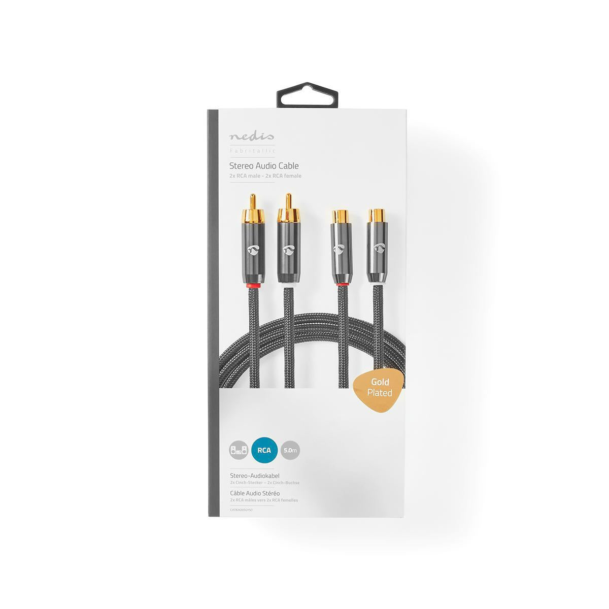 Stereo Audio Cable | 2x RCA Male | 2x RCA Female | Gold Plated | 5.00 m | Round | Gray / Gray With Metal | Carton with covered window