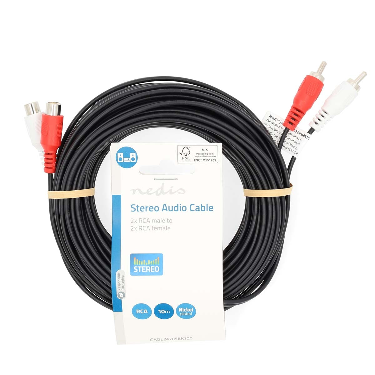 Stereo Audio Cable | 2x RCA Male | 2x RCA Female | Nickel Plated | 10.0 m | Round | Black | Label