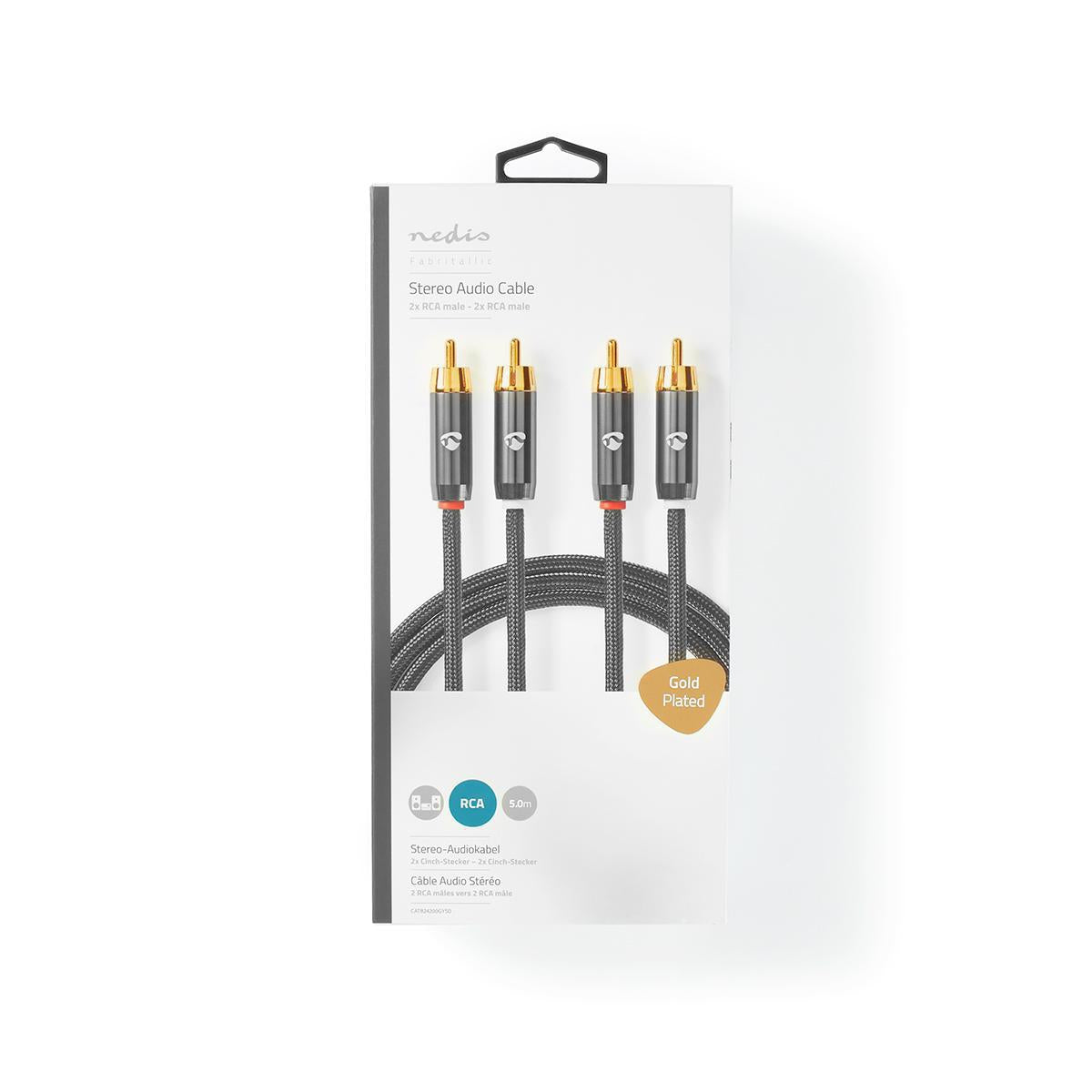 Stereo Audio Cable | 2x RCA Male | 2x RCA Male | Gold Plated | 5.00 m | Round | Gray / Gray With Metal | Carton with covered window
