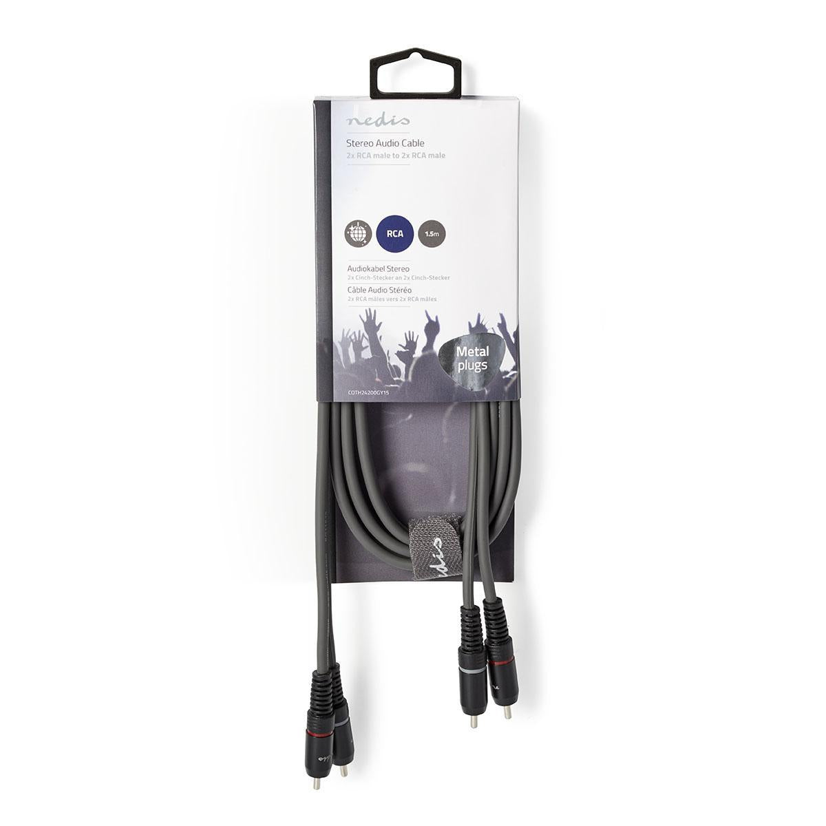 Stereo Audio Cable | 2x RCA Male | 2x RCA Male | Nickel plated | 1.50 m | Round | Dark gray | Cardboard sleeve