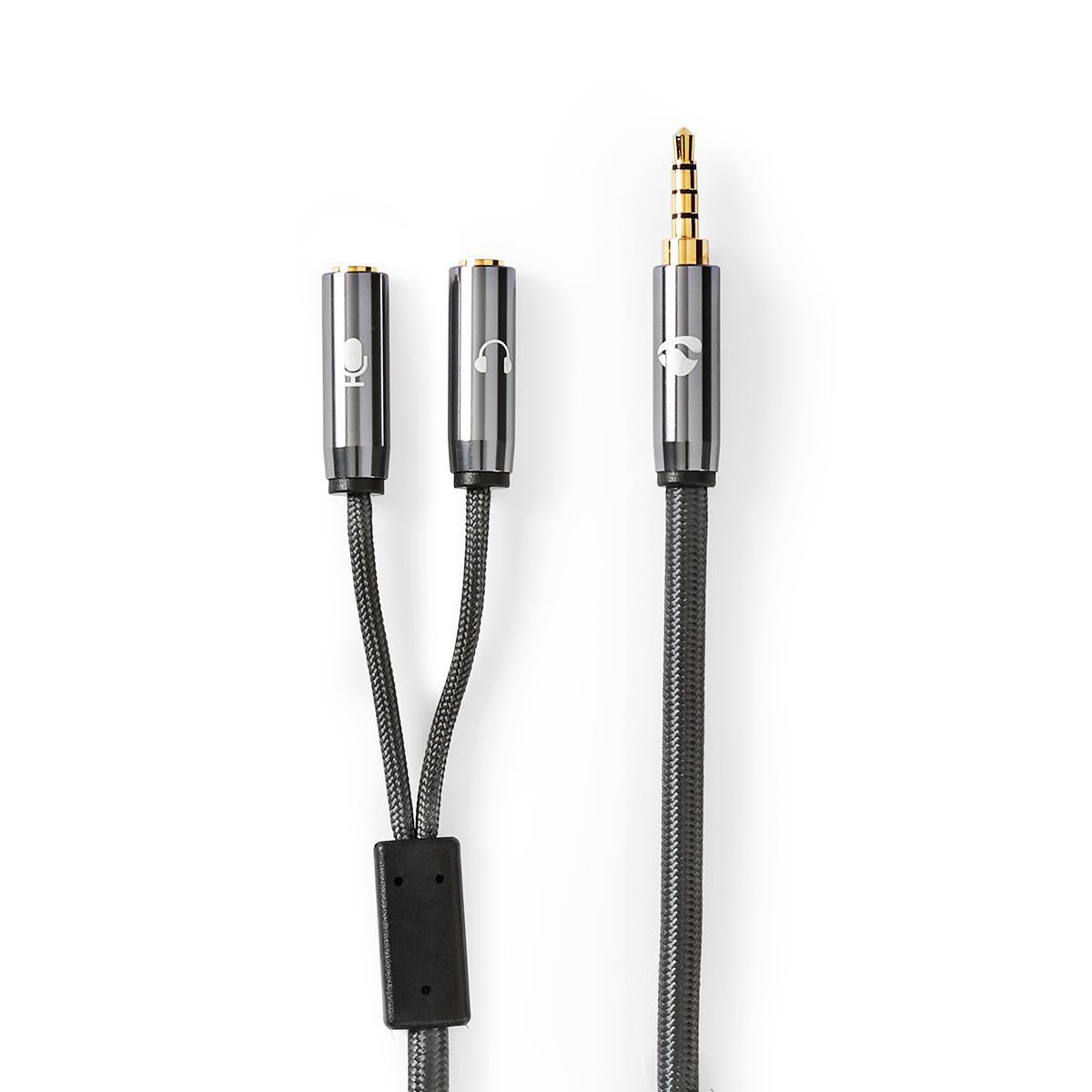 Stereo Audio Cable | 3.5 mm Male | 2x 3.5 mm, Female | Gold Plated | 0.20 m | Round | Gray / Gray With Metal | Carton with covered window