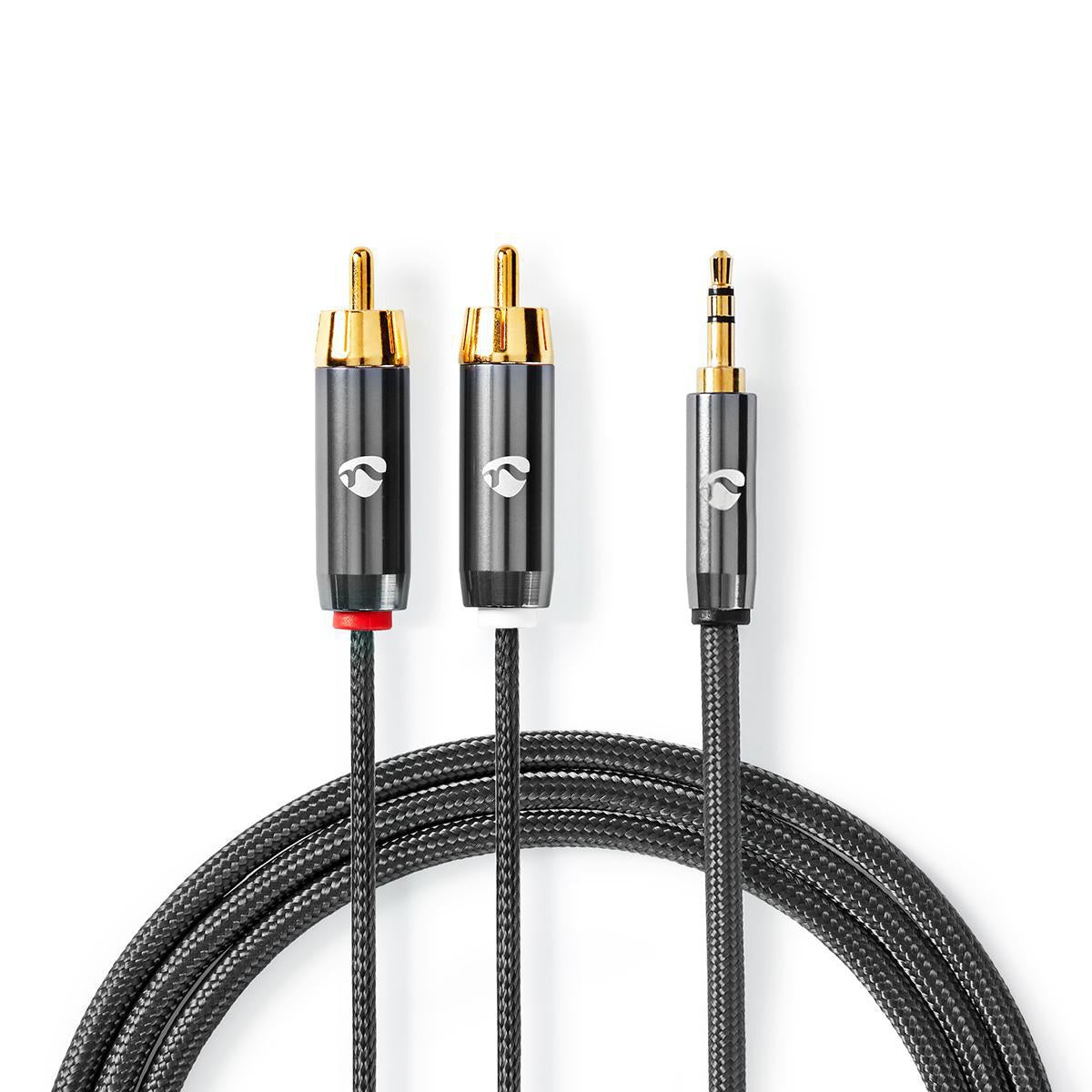 Stereo Audio Cable | 3.5 mm Male | 2x RCA Male | Gold Plated | 5.00 m | Round | Gray With Metal | Carton with covered window