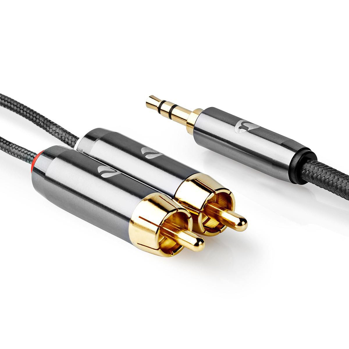 Stereo Audio Cable | 3.5 mm Male | 2x RCA Male | Gold Plated | 5.00 m | Round | Gray With Metal | Carton with covered window