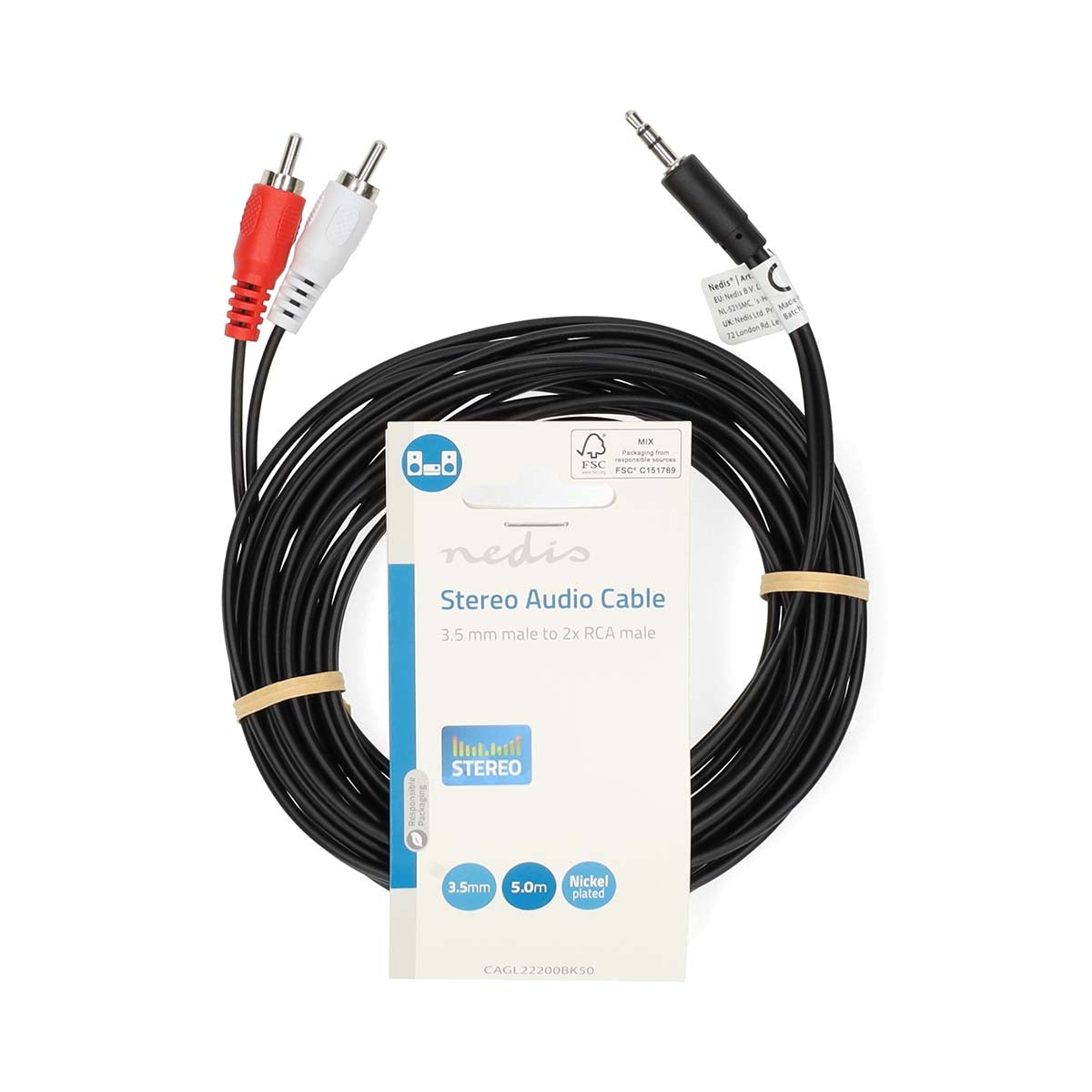 Stereo Audio Cable | 3.5 mm Male | 2x RCA Male | Nickel Plated | 5.00 m | Round | Black | Label