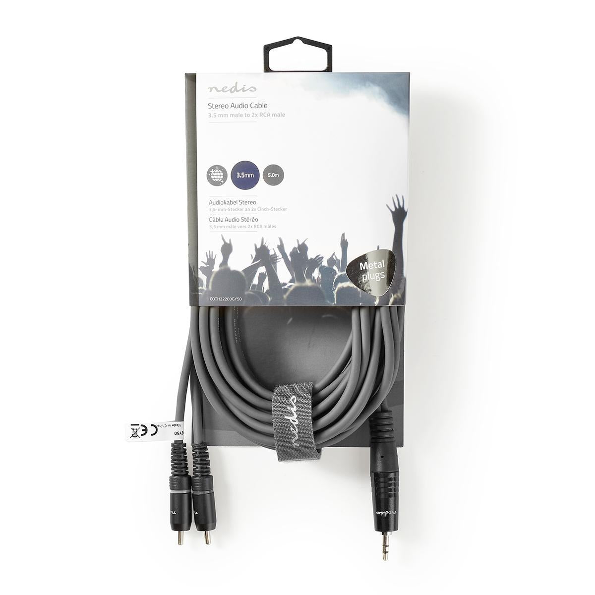 Stereo Audio Cable | 3.5 mm Male | 2x RCA Male | Nickel plated | 5.00 m | Round | Dark gray | Cardboard sleeve