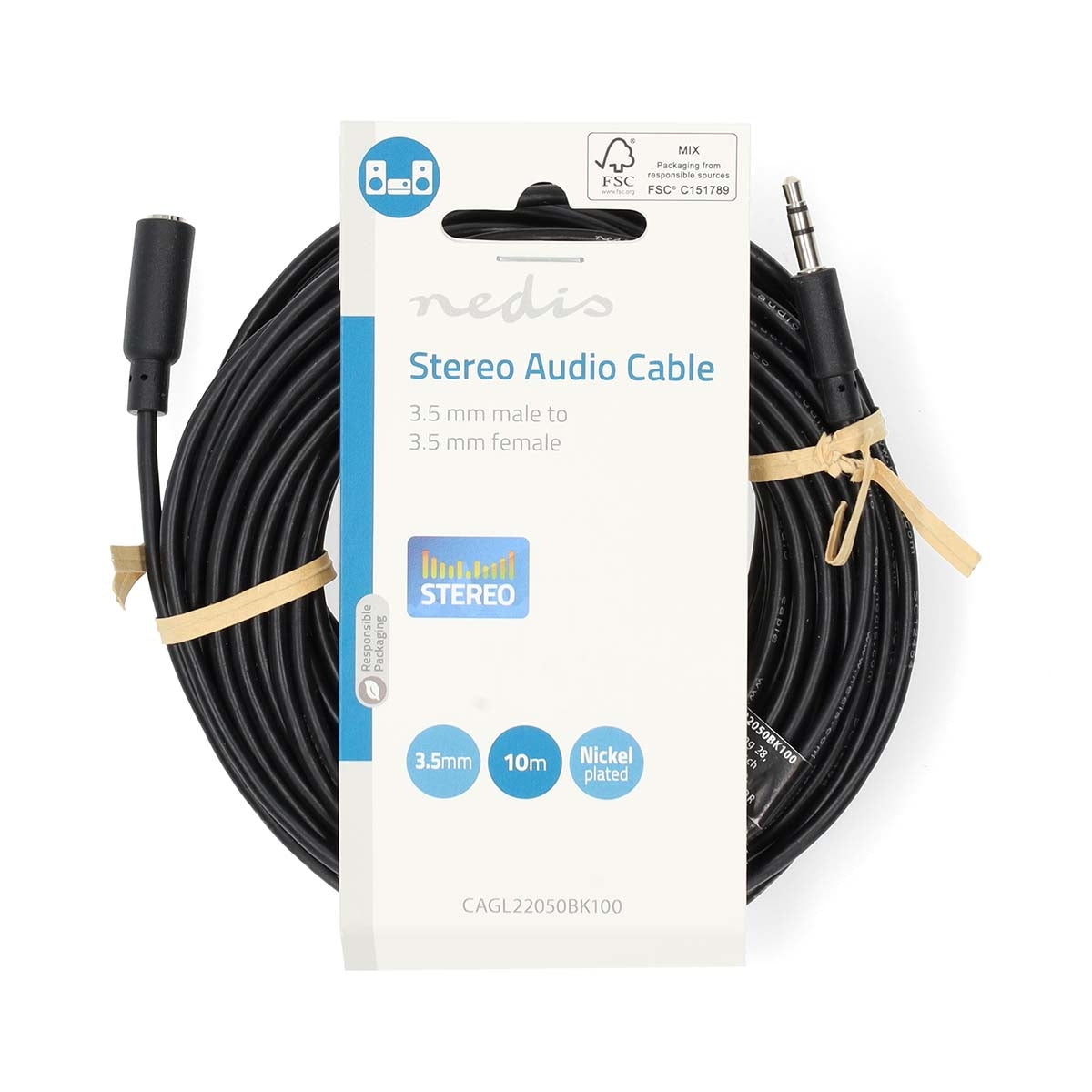 Stereo Audio Cable | 3.5 mm Male | 3.5 mm Female | Nickel Plated | 10.0 m | Round | Black | Label