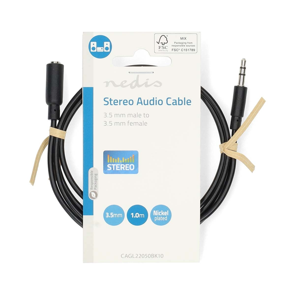 Stereo Audio Cable | 3.5 mm Male | 3.5 mm Female | Nickel Plated | 1.00 m | Round | Black | Label