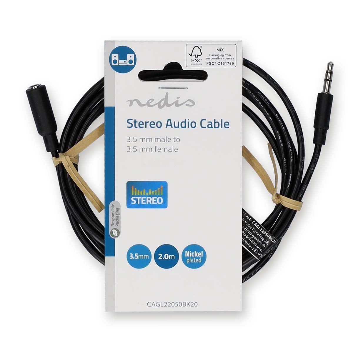 Stereo Audio Cable | 3.5 mm Male | 3.5 mm Female | Nickel Plated | 2.00 m | Round | Black | Label