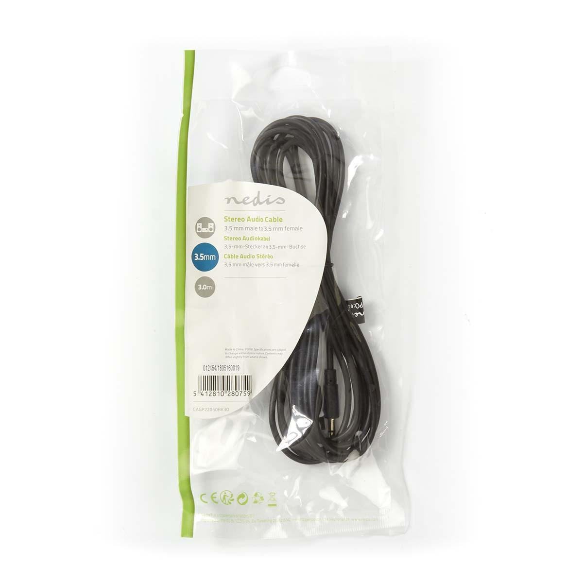 Stereo Audio Cable | 3.5 mm Male | 3.5 mm Female | Nickel Plated | 3.00 m | Round | Black | Envelope