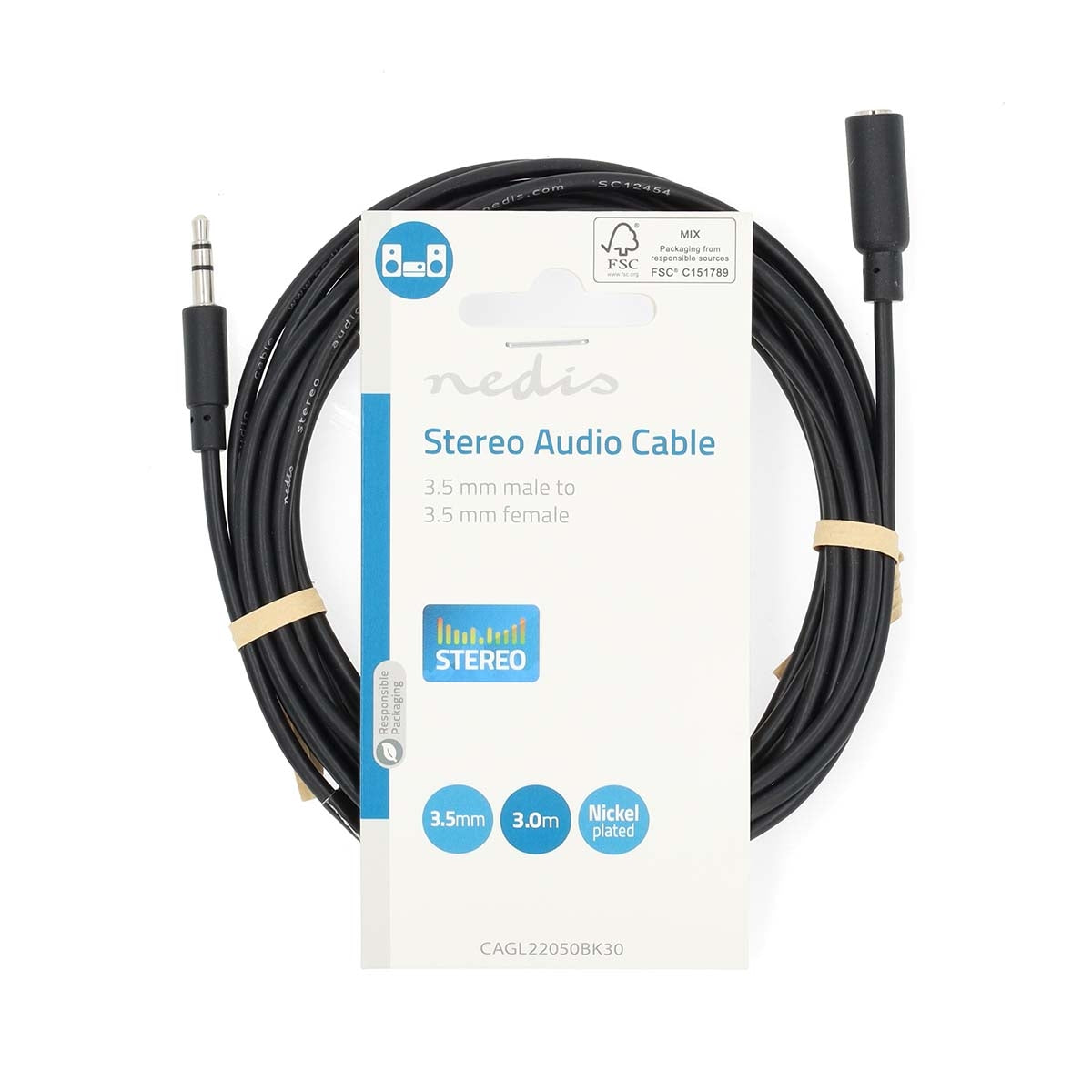 Stereo Audio Cable | 3.5 mm Male | 3.5 mm Female | Nickel Plated | 3.00 m | Round | Black | Label