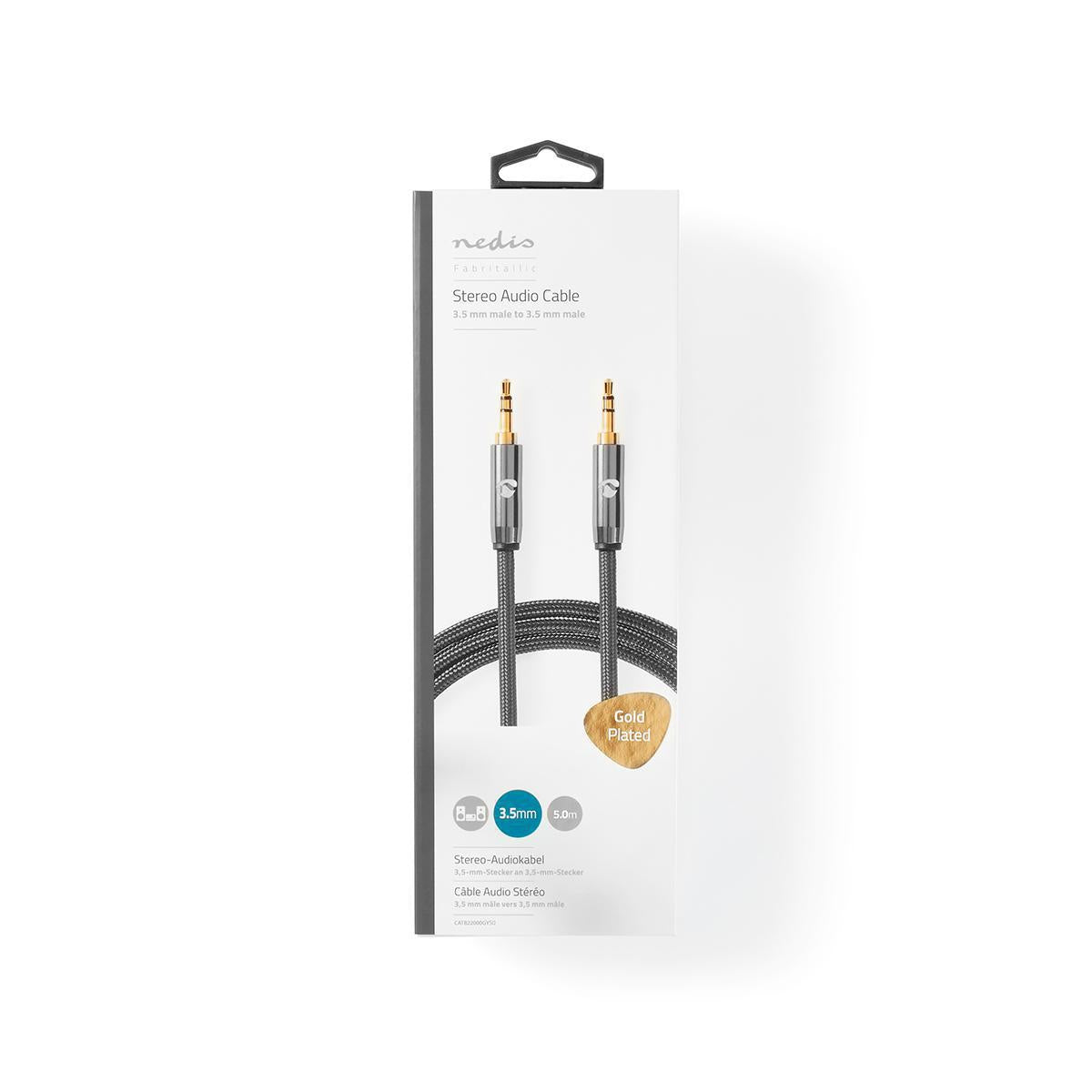 Stereo Audio Cable | 3.5 mm Male | 3.5 mm Male | Gold Plated | 5.00 m | Round | Gray / Gray With Metal | Carton with covered window