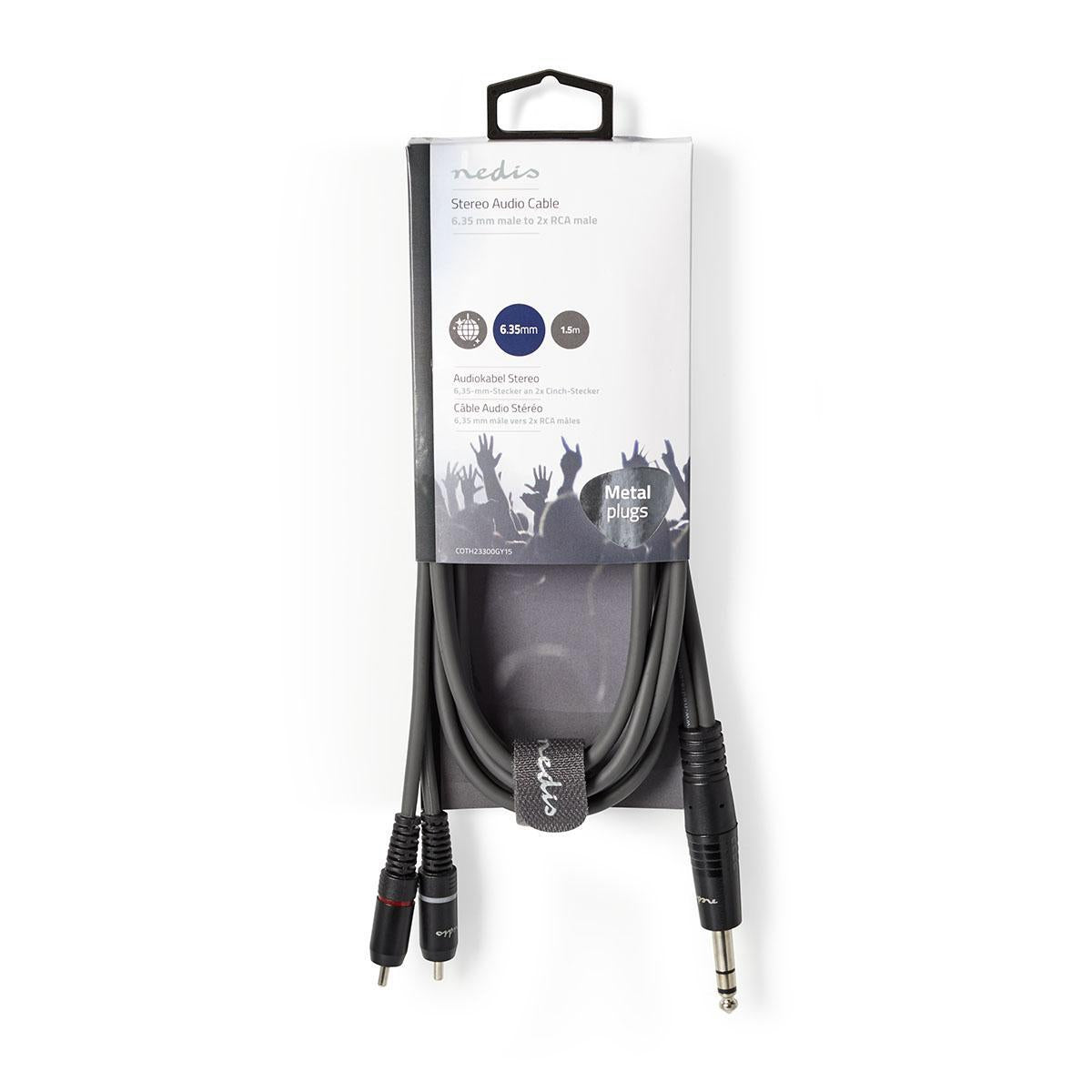 Stereo Audio Cable | 6.35 mm Male | 2x RCA Male | Nickel plated | 1.50 m | Round | Dark gray | Cardboard sleeve