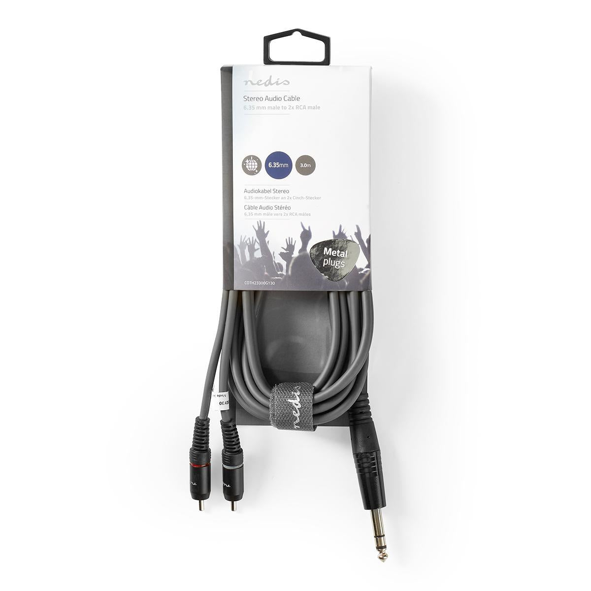 Stereo Audio Cable | 6.35 mm Male | 2x RCA Male | Nickel plated | 3.00 m | Round | Dark gray | Cardboard sleeve