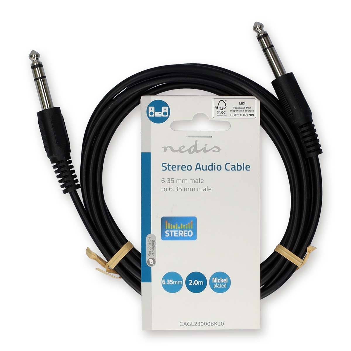 Stereo Audio Cable | 6.35 mm Male | 6.35 mm Male | Nickel Plated | 2.00 m | Round | Black | Label
