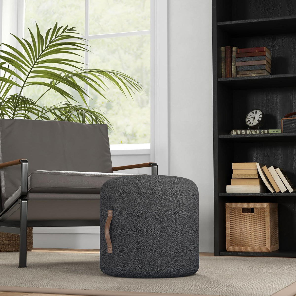 Stool, footstool, round ottoman with handle, footrest, for living room, bedroom, dark gray, Ø48 x 45 cm