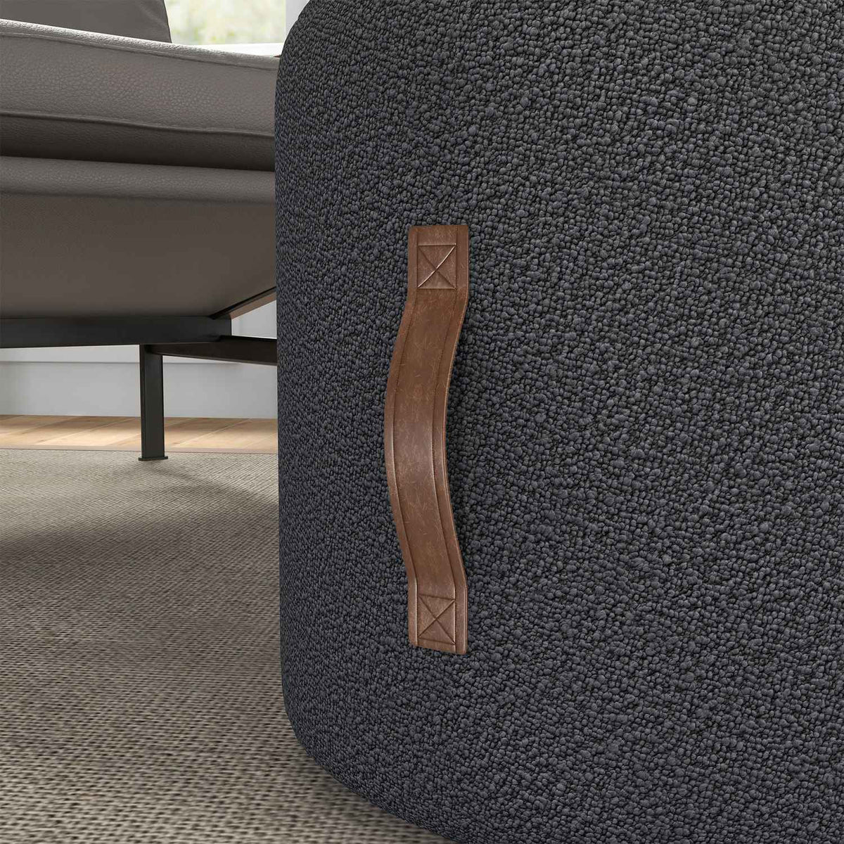 Stool, footstool, round ottoman with handle, footrest, for living room, bedroom, dark gray, Ø48 x 45 cm