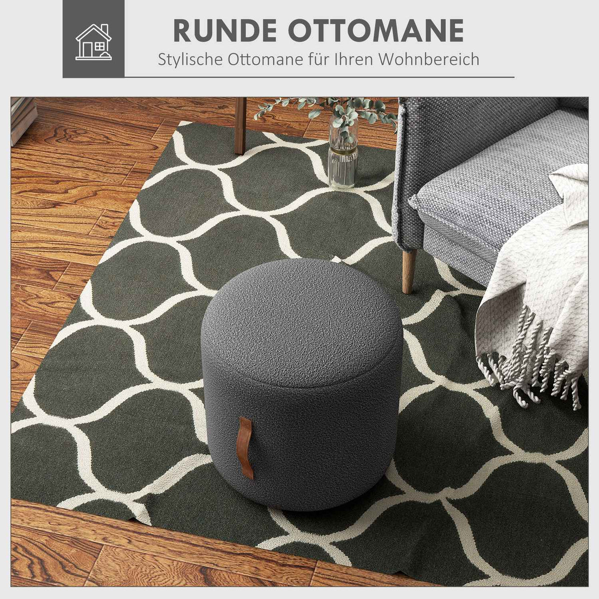 Stool, footstool, round ottoman with handle, footrest, for living room, bedroom, dark gray, Ø48 x 45 cm
