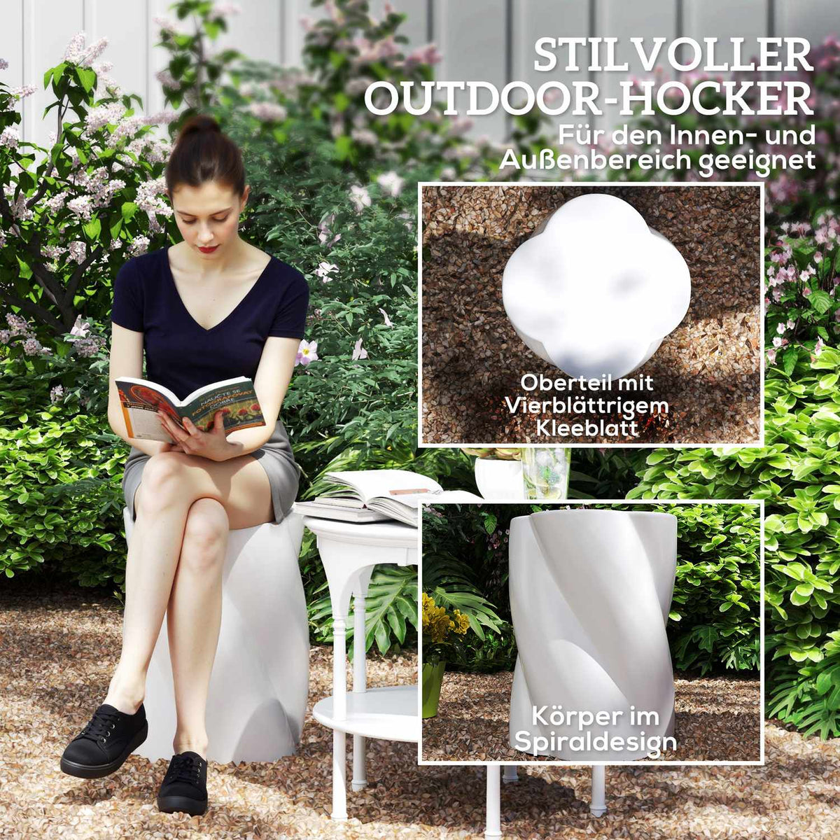 Stool made of ceramic in spiral shape, load capacity 120 kg, diameter 33 x 45 cm, weatherproof garden stool with lid, flower stool, footstool for outdoor camping, garden, terrace, balcony, white
