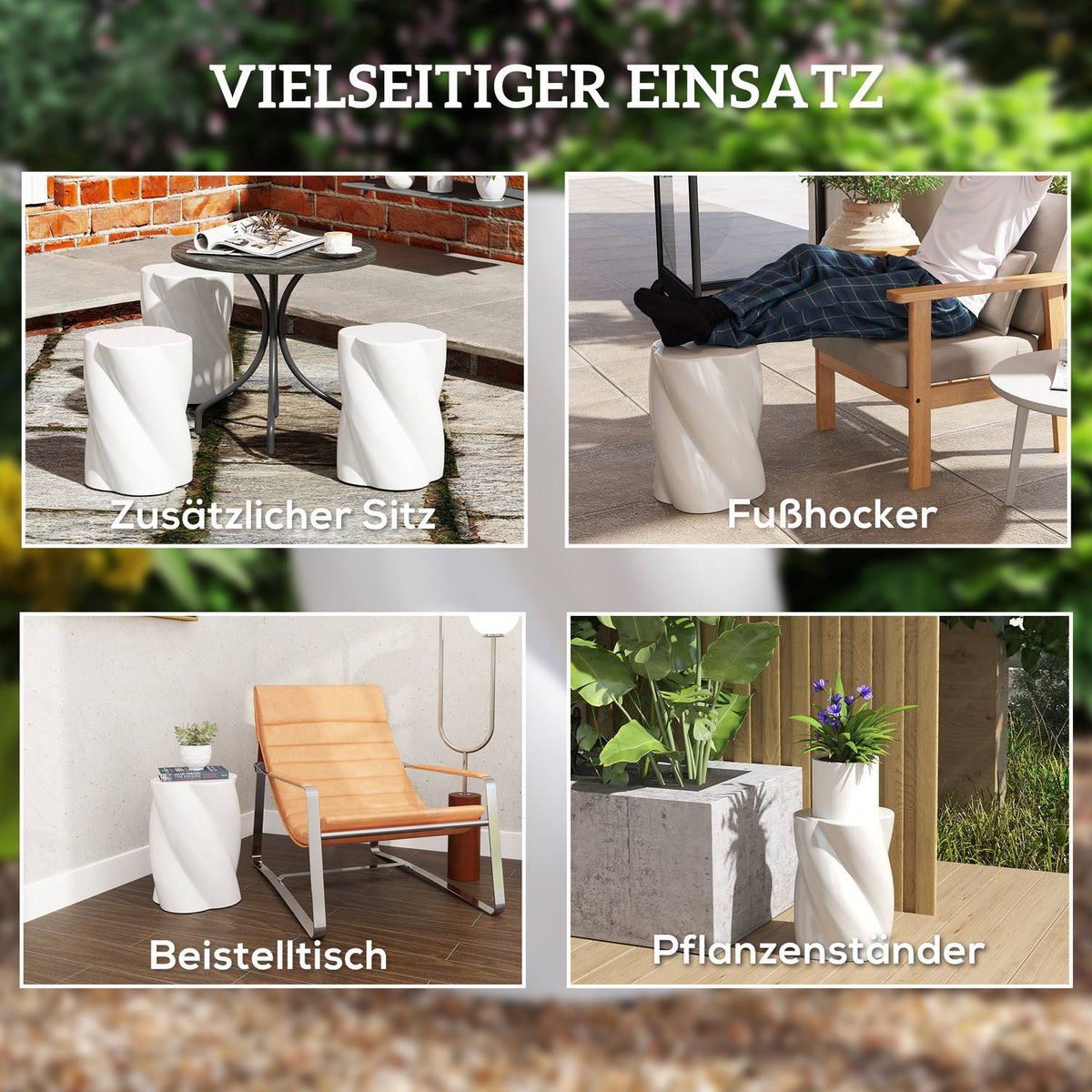Stool made of ceramic in spiral shape, load capacity 120 kg, diameter 33 x 45 cm, weatherproof garden stool with lid, flower stool, footstool for outdoor camping, garden, terrace, balcony, white
