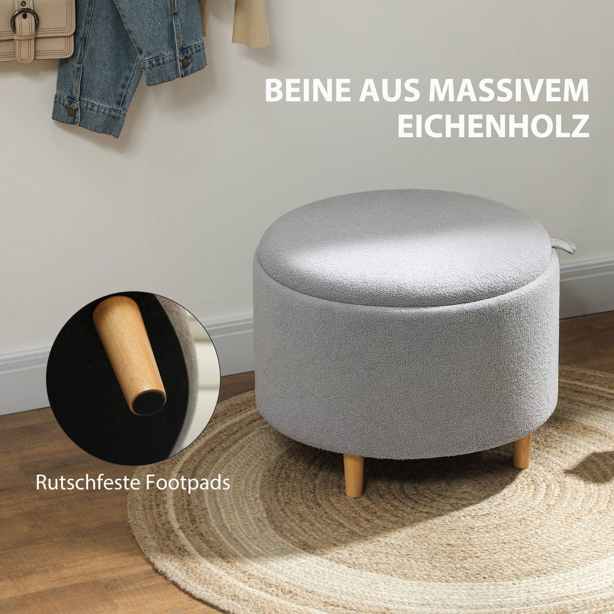 Stool upholstered stool, teddy fleece, hidden storage space, reversible lid, 56 cm x 56 cm x 42 cm, grey